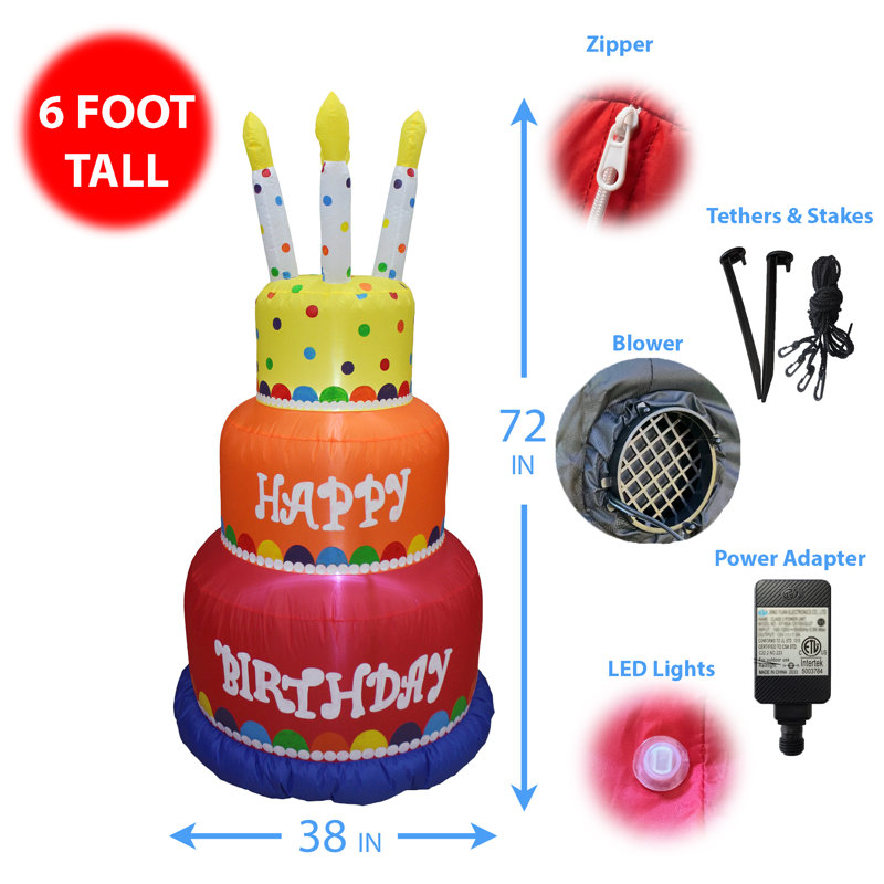 6 Foot Tall Colorful Happy Birthday Inflatable Birthday Cake with Four Candles Built in LED Lights Indoor Outdoor Blow Up Yard Decoration